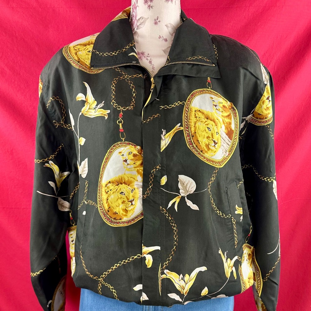 Vintage Silk Lion Print Bomber Jacket 90s Baroque Chain Windbreaker Medium - Picture 4 of 17